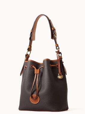 Brown Leather Drawstring 3.0  Bucket Bag with Tan Trim